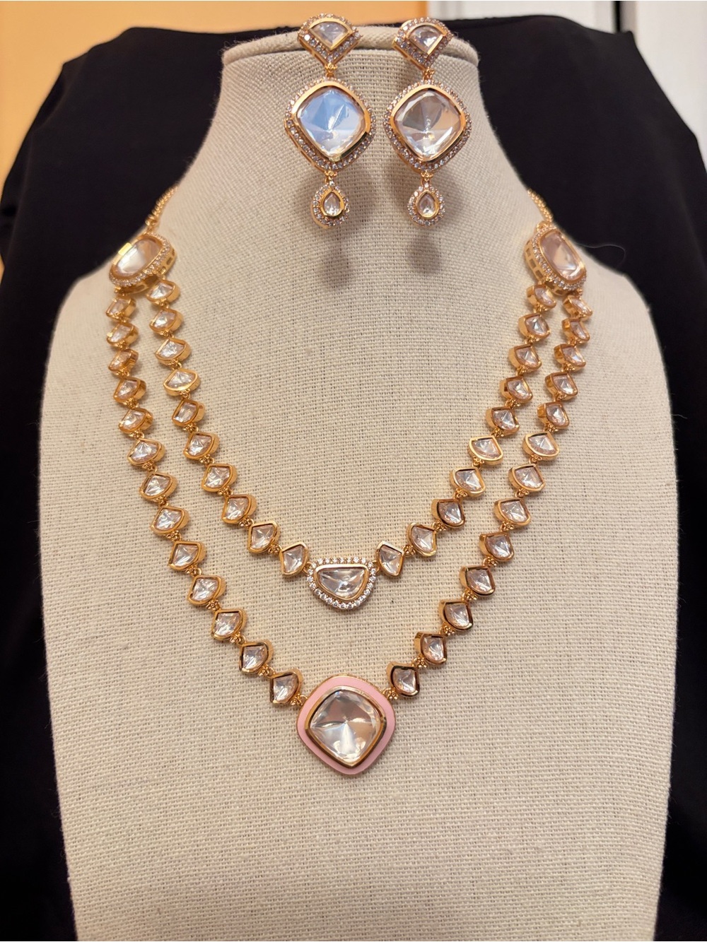 Gold Polish Pink Tyanni Kundan Crystal Layered Necklace & Earring Set